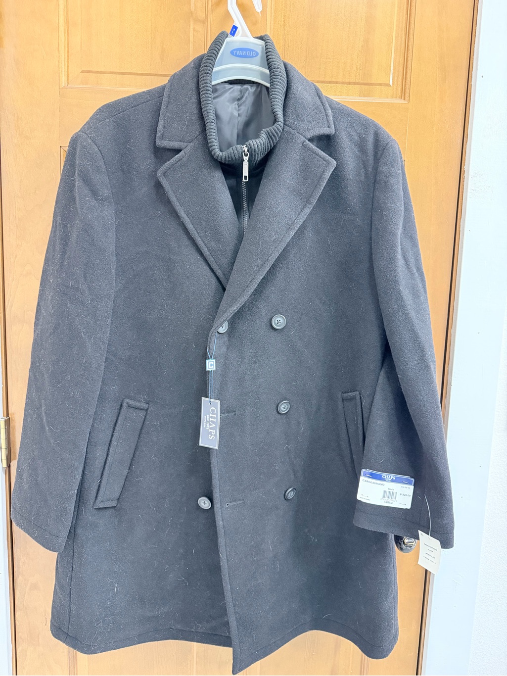 Chaps Men’s Double-Breasted Black Pea Coat With Zip-Neck Inner Collar
